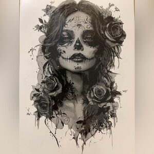 Black and gray Sugar Skull Lady Realistic Temporary Fake Arm Tattoo 6” x 9” New